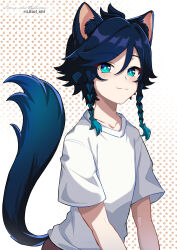 1boy absurdres animal_ears aqua_eyes aqua_hair black_hair blue_tail braid closed_mouth fox_ears fox_tail genshin_impact gradient_hair highres lkari_shi looking_at_viewer male_focus medium_hair multicolored_hair shirt short_hair simple_background smile solo t-shirt tail twin_braids venti_(genshin_impact) white_shirt