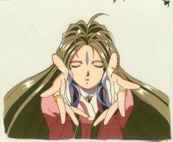 Rule 34 | 1990s (style), 1girl, aa megami-sama, belldandy, brown hair, cel, closed eyes, facial mark, forehead mark, jewelry, long hair, outstretched hand, retro artstyle, ring, solo