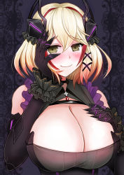 Rule 34 | 1girl, azur lane, bare shoulders, black gloves, blonde hair, breasts, cleavage, elbow gloves, gloves, gradient hair, hair ornament, headgear, highres, huge breasts, looking at viewer, multicolored hair, red hair, roon (azur lane), roon (muse) (azur lane), sai-go, simple background, solo, streaked hair, two-tone hair, upper body, wrist cuffs, x hair ornament, yellow eyes