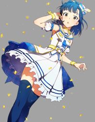 Rule 34 | 10s, 1girl, blue hair, blush, braid, dress, hat, idolmaster, idolmaster million live!, idolmaster million live! theater days, looking at viewer, mishio, nanao yuriko, open mouth, short hair, sketch, solo, thighhighs, white dress, yellow eyes