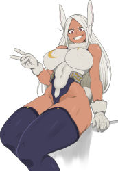 Rule 34 | 1girl, alternate breast size, animal ears, black thighhighs, boku no hero academia, breasts, cameltoe, commentary, covered erect nipples, covered navel, dark-skinned female, dark skin, feet out of frame, fur collar, gloves, grin, groin, guhanshounen, heattech leotard, impossible clothes, impossible leotard, large breasts, leotard, long hair, looking at viewer, mirko, parted bangs, rabbit ears, rabbit tail, red eyes, silver hair, simple background, sitting, skin tight, sleeveless, smile, solo, straight hair, tail, teeth, thick thighs, thighhighs, thighs, toned, turtleneck, v, v-shaped eyebrows, white background, white gloves, white leotard
