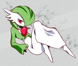 Rule 34 | 1girl, bob cut, colored skin, creatures (company), female focus, flat chest, full body, game freak, gardevoir, gen 3 pokemon, green hair, grey background, hair over one eye, half-closed eyes, legs up, looking at viewer, lying, minashirazu, multicolored skin, nintendo, on back, one eye covered, pokemon, pokemon (creature), red eyes, short hair, simple background, solo, two-tone skin