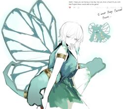 Rule 34 | 1girl, armlet, blue eyes, bracelet, dress, e.g.o (project moon), extra arms, fairy festival, fairy wings, faust (project moon), green dress, jewelry, limbus company, lobotomy corporation, naughty 0b, project moon, short hair, solo, white background, white hair, wings