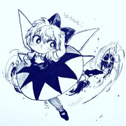Rule 34 | 1girl, arm up, ascot, bow, bright pupils, cirno, closed mouth, collared shirt, commentary request, dress, hair bow, hand on own hip, highres, mary janes, monochrome, no nose, o3o, pinafore dress, puffy short sleeves, puffy sleeves, shirt, shoes, short hair, short sleeves, simple background, sleeveless, sleeveless dress, socks, solo, touhou, translation request, white background, yukkyon kyon