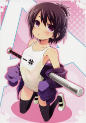 Rule 34 | 1girl, :&lt;, a channel, absurdres, arched back, bare shoulders, baseball bat, black hair, black thighhighs, child, haga yui, halftone, highres, ichii tooru, jacket, kneeling, off shoulder, one-piece swimsuit, parted lips, purple eyes, scan, school swimsuit, shoes, short hair, sleeves past wrists, solo, swimsuit, thighhighs, uwabaki, white school swimsuit, white one-piece swimsuit