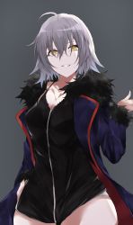 Rule 34 | absurdres, ahoge, breasts, commentary request, fate/grand order, fate (series), grey background, highres, jacket, jeanne d&#039;arc (fate), jeanne d&#039;arc alter (fate), jeanne d&#039;arc alter (ver. shinjuku 1999) (fate), large breasts, looking at viewer, official alternate costume, short hair, smile, thighs, wicked dragon witch ver. shinjuku 1999, yellow eyes, yuki maccha (yukimattya10)