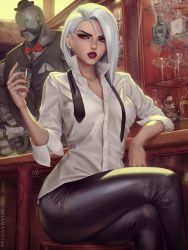 Rule 34 | 1girl, ashe (overwatch), bar (place), bow, bowtie, breasts, clothed robot, cup, drink, drinking glass, earrings, highres, jewelry, necktie, open mouth, overwatch, overwatch 1, red eyes, red neckwear, robot, saloon, sciamano240, sitting, smoke, stud earrings, traditional bowtie, undone necktie, waistcoat, white hair, wine glass