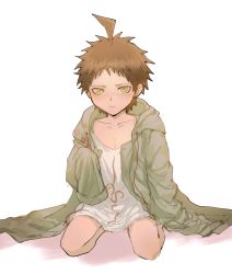 Rule 34 | 1boy, aged down, ahoge, ai (meira32373165), blush, brown eyes, child, closed mouth, coat, collarbone, commentary request, cosplay, danganronpa (series), danganronpa 2: goodbye despair, frown, green coat, grey background, grey shirt, hinata hajime, hood, hood down, hooded coat, komaeda nagito, komaeda nagito (cosplay), long sleeves, looking at viewer, male focus, open clothes, oversized clothes, print shirt, shirt, short hair, simple background, sitting, sleeves past fingers, sleeves past wrists, solo, spiked hair, wariza
