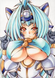 Rule 34 | 00s, 1girl, :&lt;, android, armor, black gloves, blue hair, bodysuit, bracer, breasts, buckle, bursting breasts, cleavage cutout, clothing cutout, colored eyelashes, colored pencil (medium), covered erect nipples, dress, female focus, frown, gloves, hair ornament, hands up, headgear, kos-mos, kos-mos ver. 4, large breasts, long hair, looking at viewer, marker (medium), millipen (medium), raised eyebrows, red eyes, simple background, slit pupils, solo, tears, torn clothes, torn dress, traditional media, unbuttoned, underboob, underboob cutout, uneven eyes, unfastened, upper body, very long hair, white background, xenosaga, xenosaga episode iii, yutakasan-love