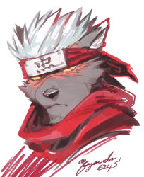 Rule 34 | 1boy, animal ears, colored sclera, commentary request, dog boy, dog ears, forehead protector, frown, furry, furry male, fuyodo, male focus, ninja, portrait, red eyes, red scarf, scar, scar on face, scarf, short hair, signature, solo, tadatomo (housamo), tokyo houkago summoners, twitter username, white hair, yellow sclera