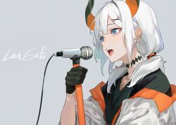 Rule 34 | 1girl, absurdres, black gloves, black shirt, blue eyes, character name, coat, ear piercing, earrings, gloves, grey background, hair ornament, half gloves, highres, holding, holding microphone stand, horns, jewelry, levi elipha, long hair, low twintails, microphone, microphone stand, music, nijisanji, off shoulder, open mouth, piercing, shirt, simple background, singing, solo, stud earrings, takamiya2222, twintails, upper body, virtual youtuber, white coat, white hair, x hair ornament