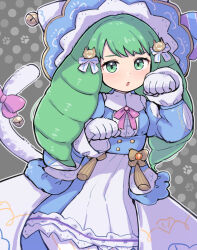 Rule 34 | 1girl, animal hands, bell, blue dress, cat paws, cat tail, dress, drill hair, fire emblem, fire emblem: three houses, fire emblem heroes, flayn (fire emblem), flayn (halloween) (fire emblem), green eyes, green hair, halloween, halloween costume, kutabireta neko, long hair, looking at viewer, nintendo, official alternate costume, parted lips, ribbon, solo, tail, tail bell, tail ornament, tail ribbon, twin drills
