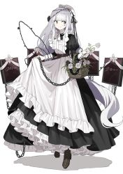 Rule 34 | 1girl, apron, basket, belt, belt buckle, black dress, blunt bangs, boots, bright pupils, buckle, chain, closed mouth, commentary request, commission, dress, flower, full body, hat, highres, holding, holding flower, iei, juliet sleeves, long dress, long hair, long sleeves, looking to the side, maid, maid apron, meido-fuku ga mitai, mob cap, original, pale skin, petticoat, plant, puffy sleeves, shadow, sidelocks, skeb commission, skirt hold, smile, solo, standing, tattoo, teardrop tattoo, thorns, very long hair, victorian maid, vines, white hair, white hat, white pupils