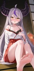 1girl :o absurdres ahoge alternate_costume arm_support bare_shoulders barefoot black_bra black_horns blurry blurry_background blush bokeh bra braid braided_bangs breasts commentary_request demon_girl demon_horns depth_of_field feet foot_focus grey_hair hair_between_eyes hakama hakama_short_skirt hakama_skirt haru_(re_ilust) highres hololive horns huge_horns indoors japanese_clothes kimono knees_up la+_darknesss lace lace-trimmed_bra lace_trim long_hair long_sleeves looking_at_viewer medium_breasts multicolored_hair off_shoulder open_mouth pointy_ears purple_hair purple_horns red_hakama sitting skirt sleeves_past_wrists soles solo streaked_hair striped_horns tatami toes underwear very_long_hair virtual_youtuber white_kimono yellow_eyes