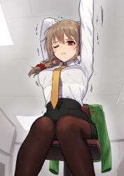 Rule 34 | 1girl, ;(, arms up, black skirt, blush, breasts, brown hair, clothes on object, dress shirt, hair ornament, hair over shoulder, hair scrunchie, highres, idolmaster, idolmaster cinderella girls, indoors, kamille (vcx68), medium breasts, office lady, on chair, pencil skirt, red eyes, scrunchie, senkawa chihiro, shirt, shirt tucked in, sitting, skirt, solo, stretching, trembling, white shirt