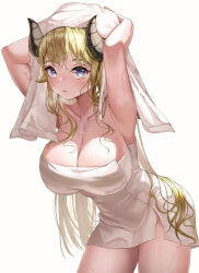 Rule 34 | 1girl, absurdres, armpits, arms behind head, arms up, blonde hair, breasts, breath, chanpower233, cleavage, commentary request, covering privates, cowboy shot, drying, drying hair, highres, holding, holding towel, hololive, horns, large breasts, leaning forward, long hair, looking at viewer, naked towel, nude cover, parted lips, purple eyes, sheep girl, sheep horns, sidelocks, simple background, solo, thighs, towel, tsunomaki watame, virtual youtuber, wet, white background, white towel