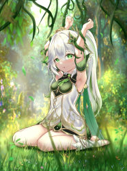 Rule 34 | 1girl, 3d background, absurdres, armpits, blurry, bound, bracelet, commentary request, depth of field, detached sleeves, dress, forest, genshin impact, gradient hair, green eyes, hair between eyes, hair ornament, highres, jewelry, long hair, looking at viewer, multicolored hair, nahida (genshin impact), nature, parted lips, plant, pointy ears, short sleeves, sidelocks, sitting, solo, stirrup legwear, symbol-shaped pupils, tied up (nonsexual), toeless legwear, tree, vines, wariza, white dress, white hair, ying ling