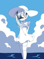 Rule 34 | 10s, 1girl, abyssal ship, ascot, bare shoulders, cloud, colored skin, one eye covered, cowboy shot, dress, female focus, hat, kantai collection, looking at viewer, ne-class heavy cruiser, neckerchief, ocean, outdoors, red eyes, sky, sleeveless, sleeveless dress, solo, standing, thighhighs, water, white hair, white skin