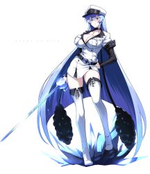 Rule 34 | 1girl, akame ga kill!, black choker, blue eyes, blue hair, boots, breasts, chest tattoo, choker, cleavage, double-breasted, esdeath, hair between eyes, halcon, hat, highres, holding, holding sword, holding weapon, ice, large breasts, long hair, looking at viewer, military, military uniform, peaked cap, rapier, simple background, solo, sword, tattoo, thigh boots, thighhighs, uniform, very long hair, weapon, white background, white footwear