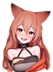Rule 34 | 1girl, absurdres, animal ears, arknights, beudelb, black collar, blush, brown hair, ceobe (arknights), ceobe (summer flowers) (arknights), collar, commentary, dog ears, fang, grey shirt, hair between eyes, highres, jacket, korean commentary, long hair, looking at viewer, off shoulder, official alternate costume, open mouth, orange jacket, portrait, shirt, simple background, skin fang, solo, white background, yellow eyes