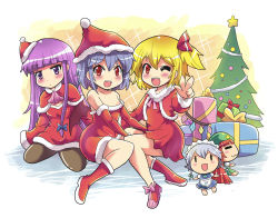 Rule 34 | 3girls, :3, :d, ;d, ascot, bat wings, beret, black legwear, blonde hair, box, brown hair, capelet, character doll, christmas, christmas tree, colonel aki, dress, female focus, flandre scarlet, gift, gift box, hat, hong meiling, izayoi sakuya, long hair, looking at viewer, maid, multiple girls, off-shoulder dress, off shoulder, one eye closed, open mouth, orange eyes, pantyhose, patchouli knowledge, plant, purple eyes, purple hair, red dress, remilia scarlet, santa costume, santa hat, short hair, silver hair, sitting, smile, sparkle, touhou, v, wariza, wings