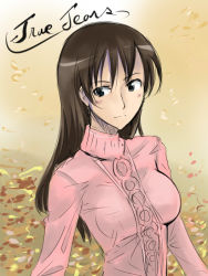 Rule 34 | 00s, 1girl, autumn leaves, black eyes, breasts, brown hair, closed mouth, copyright name, cosaten, large breasts, long hair, long sleeves, looking at viewer, looking back, outdoors, smile, solo, sweater, true tears, upper body, yuasa hiromi