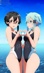 asada_shino black_hair black_one-piece_swimsuit blue_eyes blue_hair blush breasts brown_eyes dual_persona glasses hair_between_eyes hair_ornament hairclip heart highres looking_at_viewer ocean one-piece_swimsuit open_mouth short_hair shugo19 sidelocks sinon swimsuit sword_art_online