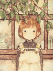 Rule 34 | 1girl, absurdres, black eyes, branch, brown hair, chyoma, commentary request, dress, expressionless, highres, looking at viewer, original, painting (medium), pinafore dress, short hair, sleeveless, sleeveless dress, solo, sweater, traditional media, upper body, watercolor (medium), window