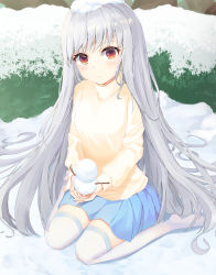 Rule 34 | 1girl, blue skirt, blush, commentary request, gom bear, grey hair, highres, holding, kneeling, long hair, looking at viewer, original, outdoors, red eyes, skirt, snow, snowman, solo, sweater, thighhighs, white thighhighs, yellow sweater