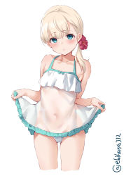 Rule 34 | 1girl, bare arms, bare shoulders, blonde hair, blue eyes, blush, clothes lift, collarbone, cropped legs, dress, dress lift, ebifurya, highres, kantai collection, lifted by self, long hair, parted lips, see-through, see-through dress, shin&#039;you (kancolle), simple background, sleeveless, sleeveless dress, solo, twitter username, white background, white dress