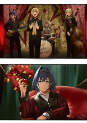 Rule 34 | antlers, apple, band, bass guitar, blonde hair, blue eyes, branch, brown hair, cello, ceres fauna, drum, drum set, exaxuxer, food, formal, fruit, green hair, guitar, hair ornament, highres, hololive, hololive english, horns, instrument, jacket, jewelry, long hair, long sleeves, multicolored hair, multiple girls, music, nanashi mumei, necktie, ninomae ina&#039;nis, open mouth, ouro kronii, parody, playing instrument, pointy ears, purple hair, ring, short hair, singing, suit, tentacle hair, the killers, virtual youtuber, watch, watson amelia, wristwatch