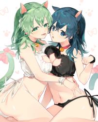 Rule 34 | 2girls, alternate costume, animal ears, aqua eyes, bad id, bad twitter id, bare legs, barefoot, bell, black panties, blue eyes, blue hair, blush, bow, breast press, breasts, byleth (female) (fire emblem), byleth (fire emblem), cat cutout, cat ears, cat lingerie, cat tail, choker, cleavage, cleavage cutout, clothing cutout, collar, commentary, dual persona, fire emblem, fire emblem: three houses, green hair, hair between eyes, half-closed eyes, highres, kemonomimi mode, kneeling, long hair, looking at viewer, medium breasts, meme attire, meunhongcha, midriff, multiple girls, navel, neck bell, nintendo, open mouth, panties, paw print, paw print background, red choker, selfcest, side-tie panties, simple background, smile, symmetrical docking, tail, tail bow, tail ornament, thighs, tongue, tongue out, underwear, white background, white panties, wrist cuffs