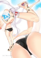 Rule 34 | 1girl, :o, alternate hairstyle, ama mitsuki, amatsukaze (kancolle), armpits, arms up, artist name, ass, ball, bare legs, beachball, bikini, black bikini, breasts, bright pupils, brown eyes, cross-laced footwear, dated, flat chest, foreshortening, from behind, hair tubes, halterneck, kantai collection, long hair, looking at viewer, multiple views, sandals, side-tie bikini bottom, silver hair, string bikini, swimsuit, twintails, twitter username, very long hair, wedge heels