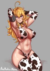 Rule 34 | 1girl, absurdres, aestheticc-meme, ahoge, animal ears, animal print, ass, bell, belly, bikini, blonde hair, breasts, cleavage, closed mouth, collar, covered erect nipples, cow girl, cow horns, cow print, cowbell, elbow gloves, eyebrows, female focus, gloves, hair between eyes, half-closed eyes, highres, hip focus, horns, large breasts, legs, legs together, long hair, looking at viewer, narrow waist, navel, neck bell, nipples, purple eyes, rwby, shiny skin, single horn, sitting, smile, solo, spaghetti strap, stomach, strap, swimsuit, text focus, thick thighs, thighhighs, thighs, underwear, very long hair, wide hips, yang xiao long