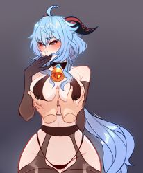 Rule 34 | 1girl, absurdres, ahoge, arm behind back, bell, bikini, blue eyes, blue hair, breasts, choker, finger in another&#039;s mouth, ganyu (genshin impact), garter belt, genshin impact, gloves, grabbing, grabbing another&#039;s breast, gradient background, grey background, highres, horns, ilwha, lactation, lactation through clothes, licking, licking finger, lingerie, long hair, medium breasts, string bikini, swimsuit, tagme, thighhighs, underwear, underwear only, very long hair, wide hips