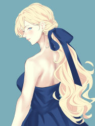 Rule 34 | 1girl, alternate costume, aqua background, arm at side, bare arms, bare shoulders, blonde hair, blue dress, blue eyes, blush, bow, breasts, dress, from behind, grin, hair behind ear, hair between eyes, hair bow, hair ribbon, highres, kantai collection, large breasts, long hair, looking at viewer, looking back, mole, mole under eye, mole under mouth, neck, ponytail, revision, ribbon, richelieu (kancolle), shingyou (alexander-13), simple background, smile, strapless, strapless dress