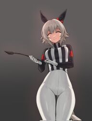 Rule 34 | 1girl, animal ears, black shirt, bow, cosplay, cowboy shot, curren chan (umamusume), ear covers, false smile, fukuro (maruaru00), gloves, gradient background, grey background, grey hair, high-waist pants, highres, holding riding crop, horse ears, horse girl, ikezoe ken&#039;ichi, ikezoe ken&#039;ichi (cosplay), jockey, long sleeves, pants, red bow, riding crop, romaji commentary, shirt, short hair, smile, solo, tail, umamusume, white gloves, white pants