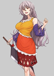 Rule 34 | 1girl, :d, bare shoulders, breasts, collarbone, covered navel, detached sleeves, dress, feet out of frame, frills, grey background, hair between eyes, highres, holding, holding weapon, kakone, large breasts, long hair, long sleeves, looking at viewer, multicolored clothes, multicolored dress, open mouth, outline, red eyes, sakata nemuno, sharp teeth, simple background, single-shoulder dress, single strap, smile, solo, standing, teeth, touhou, very long hair, weapon, white outline, wide sleeves