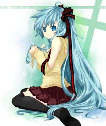 Rule 34 | 1girl, aqua eyes, aqua hair, female focus, hair ribbon, hatsune miku, highres, long hair, ribbon, sitting, skirt, smile, solo, sss3, thighhighs, twintails, vocaloid, zettai ryouiki