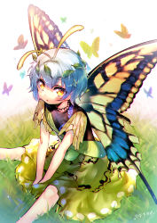 Rule 34 | 1girl, absurdres, antennae, artist name, blue hair, bug, butterfly, butterfly wings, commentary, dress, eternity larva, from above, grass, green dress, hair ornament, highres, hinasumire, insect, insect wings, leaf, leaf hair ornament, looking at viewer, on ground, open mouth, short hair, sitting, solo, touhou, wings, yellow eyes