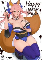 Rule 34 | 1girl, 2024, :d, animal ears, artist name, bare shoulders, black footwear, body writing, breasts, collarbone, commentary, fate/grand order, fate (series), grabbing own breast, happy new year, highres, holding, holding paintbrush, kaos art, large breasts, new year, off shoulder, open mouth, paint splatter, paintbrush, patreon username, pink hair, platform footwear, purple thighhighs, smile, solo, tail, tamamo (fate), tamamo no mae (fate/extra), thighhighs, thighs, yellow eyes