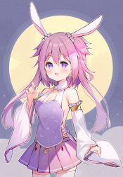 Rule 34 | 1girl, :d, animal ears, bare shoulders, breasts, cleavage, commentary request, copyright request, crescent, detached sleeves, flower, full moon, hair between eyes, hair flower, hair ornament, highres, long sleeves, looking at viewer, medium breasts, meito (maze), moon, open mouth, pink hair, pleated skirt, purple eyes, purple skirt, rabbit ears, short hair with long locks, skirt, sleeves past wrists, smile, solo, star (symbol), thighhighs, two side up, virtual youtuber, white flower, white sleeves, white thighhighs, wide sleeves