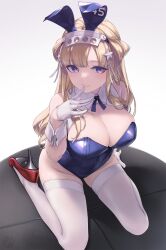 Rule 34 | 1girl, alternate costume, blonde hair, blue eyes, blue leotard, blush, breasts, cleavage, closed mouth, detached collar, finger to mouth, fletcher (kancolle), gloves, hair flaps, high heels, highres, kantai collection, large breasts, leotard, long hair, playboy bunny, red footwear, rokuwata tomoe, smile, solo, strapless, strapless leotard, white gloves, wrist cuffs