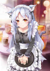 Rule 34 | 1girl, animal ear fluff, animal ears, apron, black dress, black ribbon, blush, breasts, cat ears, cat girl, cat tail, chain, closed mouth, dress, ear piercing, food, frilled apron, frilled dress, frilled sleeves, frills, fruit, highres, holding, holding tray, jug (bottle), lemon, lemon slice, long hair, long sleeves, looking at viewer, maid, maid headdress, medium breasts, mutang, neck ribbon, original, piercing, red eyes, ribbon, silver hair, sleeves past wrists, smile, solo, tail, tray, very long hair, white apron
