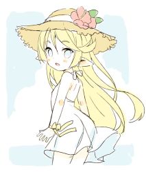 Rule 34 | 1girl, :o, backless dress, backless outfit, bare arms, bare shoulders, blonde hair, blue eyes, blue sky, blush, charlotta (granblue fantasy), cloud, commentary request, day, dress, flower, granblue fantasy, hair between eyes, hat, hat flower, long hair, looking at viewer, looking to the side, meito (maze), parted lips, pointy ears, red flower, ribbon, see-through silhouette, sky, sleeveless, sleeveless dress, solo, standing, straw hat, very long hair, white dress, wrist ribbon, yellow ribbon