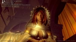 Rule 34 | 1girl, 20s, 3d, animated, bandai, bouncing, bouncing breasts, bracelet, breast rest, breasts, brown eyes, brown hair, cleavage, dark souls (series), dark souls i, debug menu, english text, female focus, giant, giantess, indoors, jewelry, jiggle, large breasts, light smile, long hair, looking at viewer, lying, matching hair/eyes, medium hair, namco, on side, queen of sunlight gwynevere, reaching, resting, robe, solo, talking, veil, video