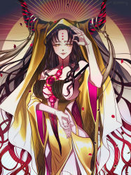 Rule 34 | 1girl, 3orgning, black hair, breasts, commentary, cowboy shot, dated commentary, dress, english commentary, eyeball, facial mark, fate/grand order, fate (series), forehead mark, forehead tattoo, gradient hair, halo, halo behind head, hand up, horn ornament, horn ring, horns, large breasts, long sleeves, looking at viewer, mixed-language commentary, mudra, multicolored hair, parted bangs, parted lips, petals, pink hair, sessyoin kiara, sessyoin kiara (beast iii/r), side slit, sideboob, sidelocks, smile, solo, tassel, twitter username, veil, vitarka mudra, wide sleeves, yellow dress, yellow eyes