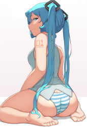 Rule 34 | 1girl, abmayo, aqua eyes, aqua hair, ass, bare legs, bare shoulders, barefoot, blouse, bottomless, butt crack, feet, gradient background, hair ornament, hatsune miku, highres, long hair, looking at viewer, looking back, no pants, panties, shirt, shoulder tattoo, simple background, sitting, sleeveless, sleeveless shirt, solo, striped clothes, striped panties, tattoo, twintails, underwear, very long hair, vocaloid, wariza, white background