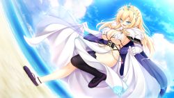 Rule 34 | 1girl, aqua eyes, beach, bikini, bikini bottom only, blonde hair, blue eyes, blush, breasts, cape, cloud, crown, day, earrings, feet, floating hair, full body, fur trim, game cg, gloves, happy, highres, iris december uncry, jewel, jewelry, large breasts, long hair, nora to oujo to noraneko heart 2, ocean, oozora itsuki, open mouth, original, outdoors, pelvic curtain, princess, shoes, single thighhigh, sky, smile, solo, standing, swimsuit, thighhighs, water