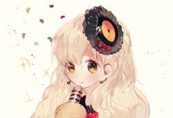 Rule 34 | 1girl, :t, bad id, bad pixiv id, blonde hair, blush, earrings, jewelry, long hair, lunchicken, mayu (vocaloid), microphone, simple background, solo, stuffed animal, stuffed toy, usano mimi, vocaloid, yellow eyes
